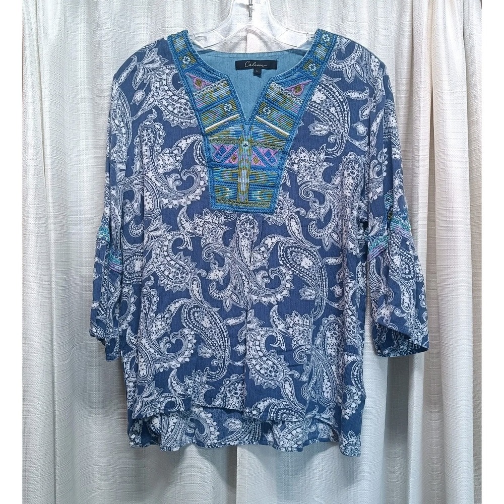 Calessa Women's Size L Blue Paisley Gauze Embroidered V Neck 3/4 Bell Sleeve Top